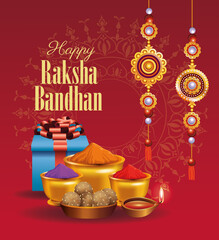 Canvas Print - happy raksha bandhan celebration with floral decoration and powder colors