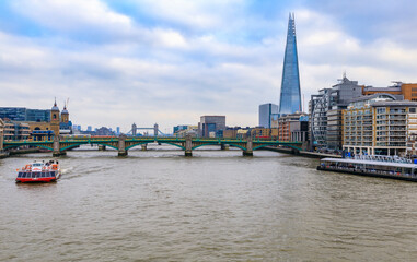 Poster - London, England skyline with the Shard, Southwark Bridge and Tower Bridge on Thames river during the day