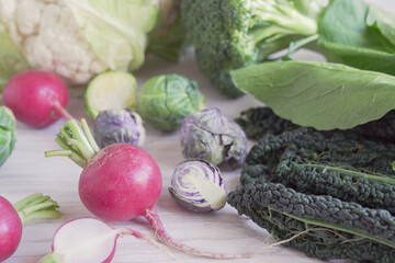 Wall Mural - Cruciferous vegetables, radish, kales, cauliflower,broccoli, Brussels sprouts, reducing estrogen dominance, plant based and vegan diet, fiber healthy food