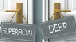 deep or superficial as a choice in life - pictured as words superficial, deep on doors to show that superficial and deep are different options to choose from, 3d illustration
