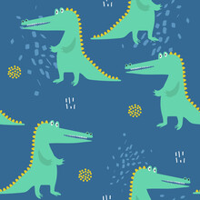 Crocodiles, Hand Drawn Backdrop. Colorful Seamless Pattern With Animals. Decorative Cute Wallpaper, Good For Printing. Overlapping Background Vector. Design Illustration