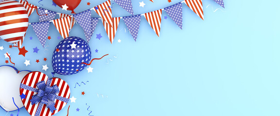 Wall Mural - 4th of July, Happy Independence Day of the USA greeting card, banner, template, flyer, layout, balloon, star and ribbon, Bunting flags, confetti on blue background, copy space text, 3D illustration.