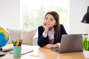 Sticker - Photo of little pretty student school girl distracted look up notebook online lesson not listen teacher flying far away distance quarantine study stay home living room classroom indoors