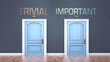 Trivial and important as a choice - pictured as words Trivial, important on doors to show that Trivial and important are opposite options while making decision, 3d illustration