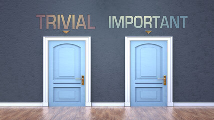 Trivial and important as a choice - pictured as words Trivial, important on doors to show that Trivial and important are opposite options while making decision, 3d illustration