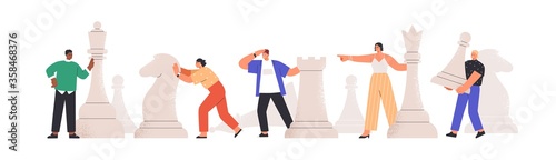 Fotomural Team of diverse man and woman playing giant chess together vector flat illustration