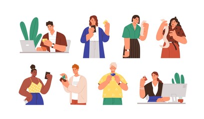 Poster - Set of diverse people with payment receipts and bank cards vector flat illustration. Collection of man and woman online cashless paying, having large amount at invoice isolated on white background
