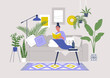 Young female character sitting on sofa and reading a book, cozy boho interior with plants and ethnic decoration, stay at home