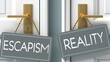 reality or escapism as a choice in life - pictured as words escapism, reality on doors to show that escapism and reality are different options to choose from, 3d illustration