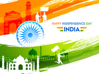 Sticker - Indian Tricolor Brush Stroke Effect Background with Famous Monuments, Human holding a Flag for Happy Independence Day Concept.