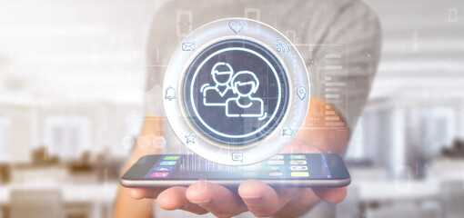 Poster - businessman holding a social media network contact icon