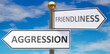 Aggression and friendliness as different choices in life - pictured as words Aggression, friendliness on road signs pointing at opposite ways, 3d illustration