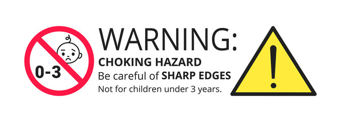 Choking hazard forbidden sign sticker not suitable for children under 3 years isolated on white background vector illustration. Warning triangle, sharp edges and small parts danger.