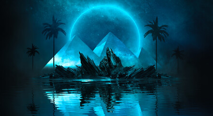 Wall Mural - futuristic night landscape with abstract landscape and island, moonlight, shine. dark natural scene 