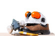 Standard construction safety equipment on white  background. top view, safety first concepts