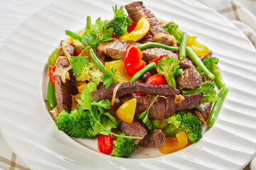 Wall Mural - Gluten-free recipe of beef steak on a white plate