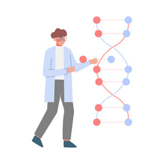 Sticker - Male Scientist in Lab, Tiny People in White Coat Doing Professional Researchers with Dna Structure Flat Style Vector Illustration