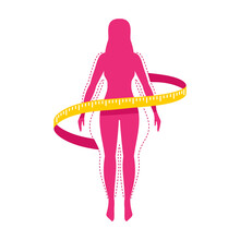 Weight Loss Challenge Logo (isolated Icon) - Female Silhouette (fat And Shapely Figure) With Measuring Tape Around