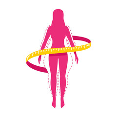 Wall Mural - Weight loss challenge logo (isolated icon) - female silhouette (fat and shapely figure) with measuring tape around