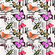 © zzorik - Watercolor butterflies seamless pattern. Insects, hand written text in decorative texture. Aquarelle red winged moth repeated background