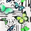 © zzorik - Butterflies in biscay green, mint colors. Seamless background with exotic butterfly. Watercolor with geometrical textures, hand drawn elements, hand written text. Monochrome striped backdrop