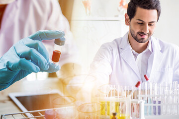 Wall Mural - caucasian scientist man lab technical service observe liquid sample with lab glassware and test tube