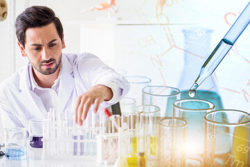 Wall Mural - caucasian scientist man lab technical service observe liquid sample with lab glassware and test tube