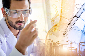 Wall Mural - caucasian scientist man lab technical service observe liquid sample with lab glassware and test tube