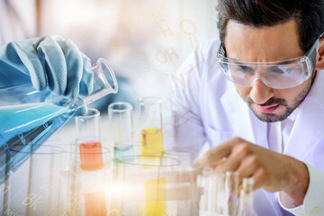 Wall Mural - caucasian scientist man lab technical service observe liquid sample with lab glassware and test tube