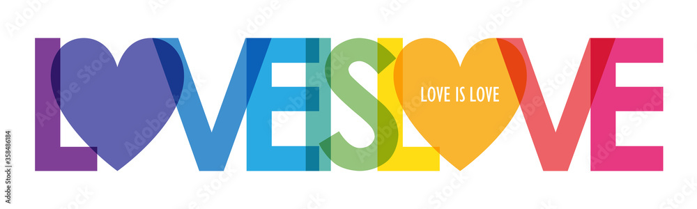 LOVE IS LOVE vector rainbow-colored typography banner with heart symbol - obrazy, fototapety, plakaty 