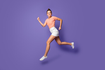 Canvas Print - Full length body size view of her she nice attractive lovely purposeful healthy cheerful girl jumping running isolated on bright vivid shine vibrant lilac violet purple color background