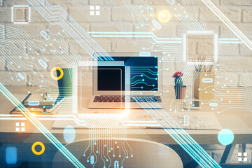 double exposure of desktop computer and technology theme hologram. concept of software development.