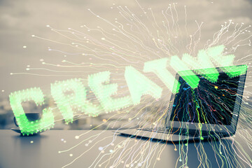 Desktop computer background in office and start up theme hologram drawing. Double exposure. Startup concept.