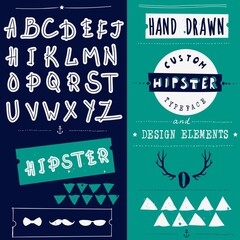 Poster - Craft retro vintage typeface design. Stylish font for printing on paper and textile products, goods. Pop modern display vector letters. Hand drawn hipster typeface and set of design elements