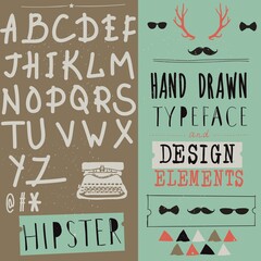 Poster - Craft retro vintage typeface design. Stylish font for printing on paper and textile products, goods. Pop modern display vector letters. Hand drawn hipster typeface and set of design elements