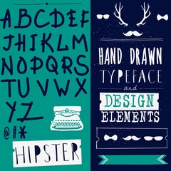 Poster - Craft retro vintage typeface design. Stylish font for printing on paper and textile products, goods. Pop modern display vector letters. Hand drawn hipster typeface and set of design elements