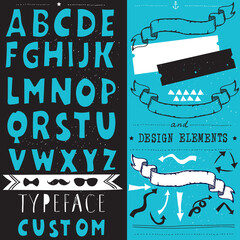 Poster - Craft retro vintage typeface design. Stylish font for printing on paper and textile products, goods. Pop modern display vector letters. Hand drawn hipster typeface and set of design elements