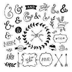 Canvas Print - Grunge graphic elements collection. Vector set with wreaths, frames, catchwords and ampersands. Vintage style decorative clipart