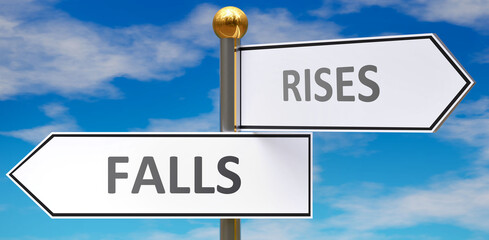 Falls and rises as different choices in life - pictured as words Falls, rises on road signs pointing at opposite ways to show that these are alternative options., 3d illustration