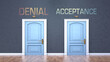 Denial and acceptance as a choice - pictured as words Denial, acceptance on doors to show that Denial and acceptance are opposite options while making decision, 3d illustration