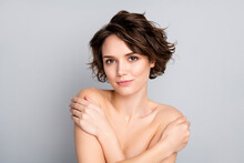 Closeup Photo Of Beautiful Naked Lady Model Bobbed Short Hairstyle Positive Emotions Touch Hug Shoulders Chest Arms Silky Neat Skin Isolated Grey Color Background