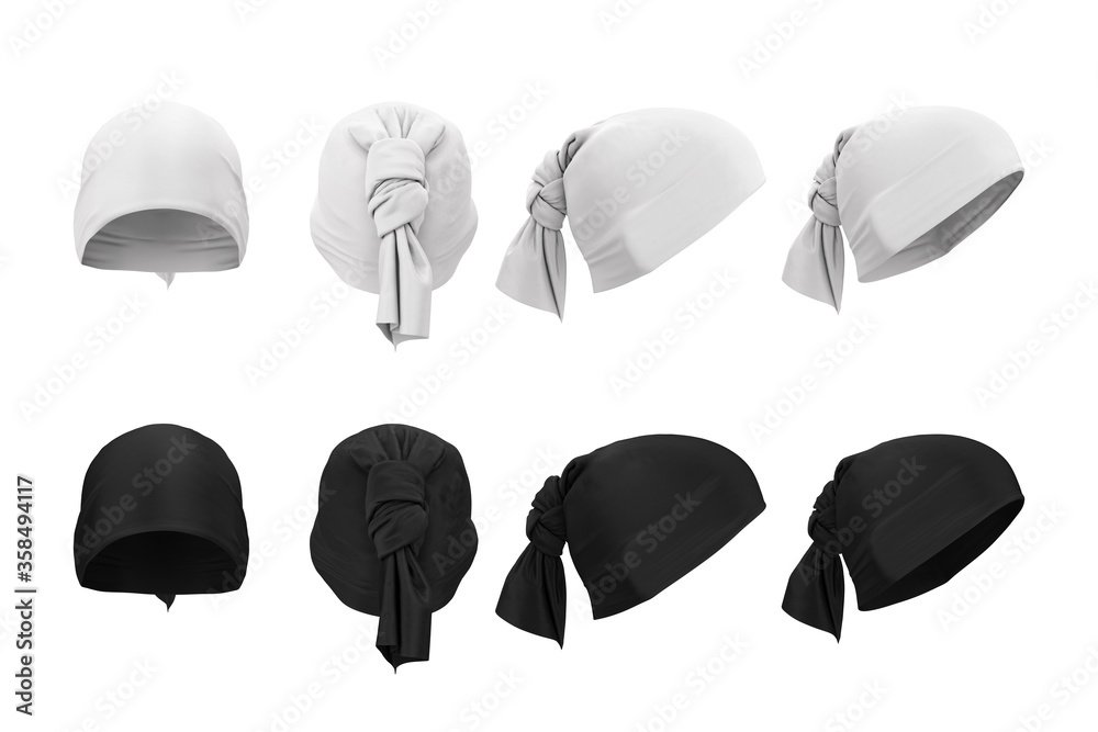 Buff with a knot. Front, back, side view. Headband, hat of white and ...