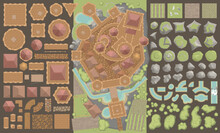 Vector Set. Castle Top View. 
Towers, Walls, Tiled Roofs, Pavement, Rocks, Moat. (View From Above) 
A Collection Of Architectural Elements For Medieval Castles, Cities, Fortresses, Buildings.