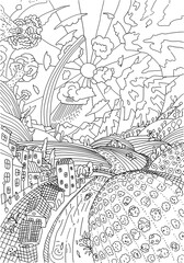 Hand drawn city sketch. Doodle landscape.
Page of the anti-stress coloring book.