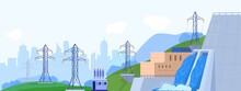 Hydropower Station Generator Vector Illustration. Cartoon Flat Landscape With Power Generating Hydroelectric Plant On Water River Dam, Power Lines. Alternative Eco Green Renewable Energy Background