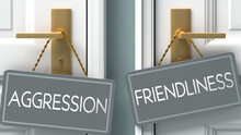 Friendliness Or Aggression As A Choice In Life - Pictured As Words Aggression, Friendliness On Doors To Show That Aggression And Friendliness Are Different Options To Choose From, 3d Illustration