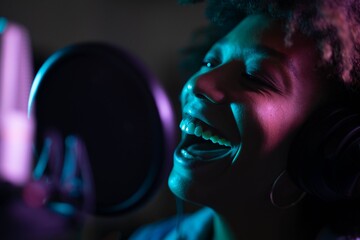 Wall Mural - An young professional smiling energetic african female singer wearing headphones is performing a new song with a microphone while recording it in a music studio with colorful lights on a background.