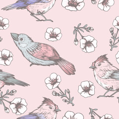 Naklejka na meble Seamless pattern with hand drawn flowers and birds
