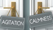 calmness or agitation as a choice in life - pictured as words agitation, calmness on doors to show that agitation and calmness are different options to choose from, 3d illustration