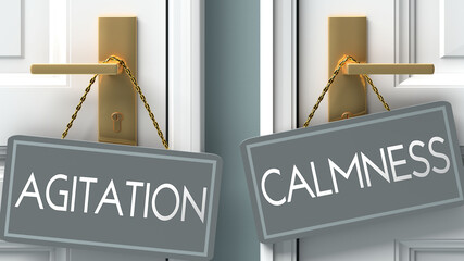 Wall Mural - calmness or agitation as a choice in life - pictured as words agitation, calmness on doors to show that agitation and calmness are different options to choose from, 3d illustration